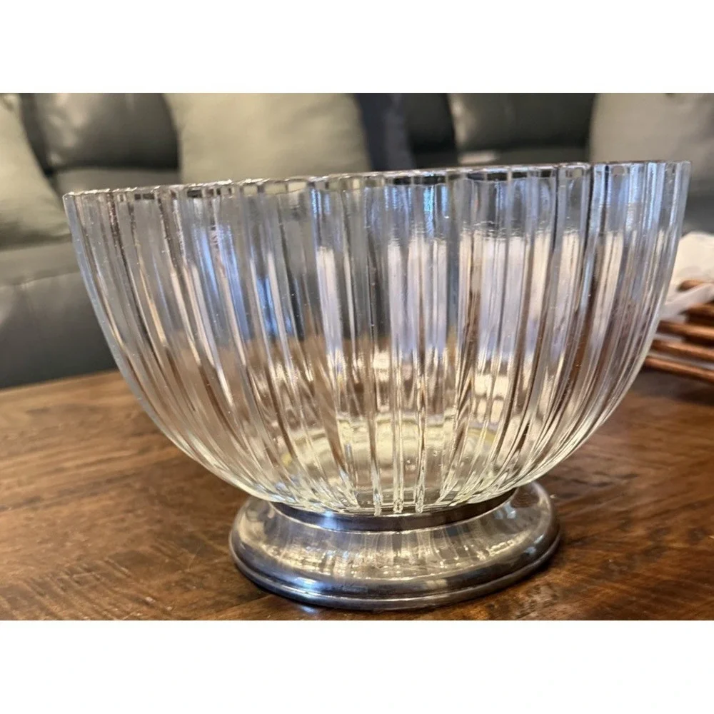 Vintage Made in Italy Ribbed Glass Pedestal Bowl Chrome Base Centerpiece Fruit